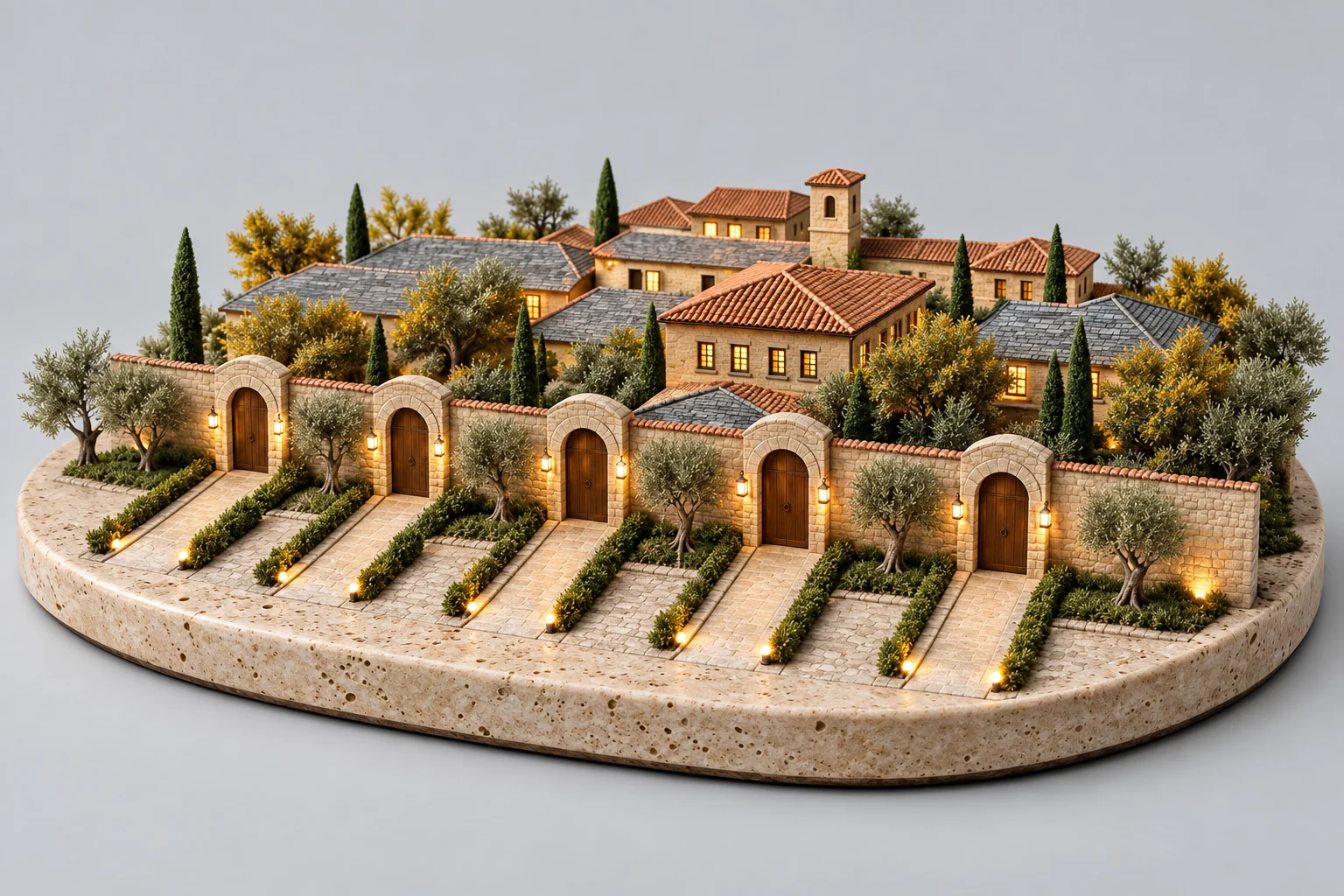 Model of a stone wall with five separate gates, one lit path to each
