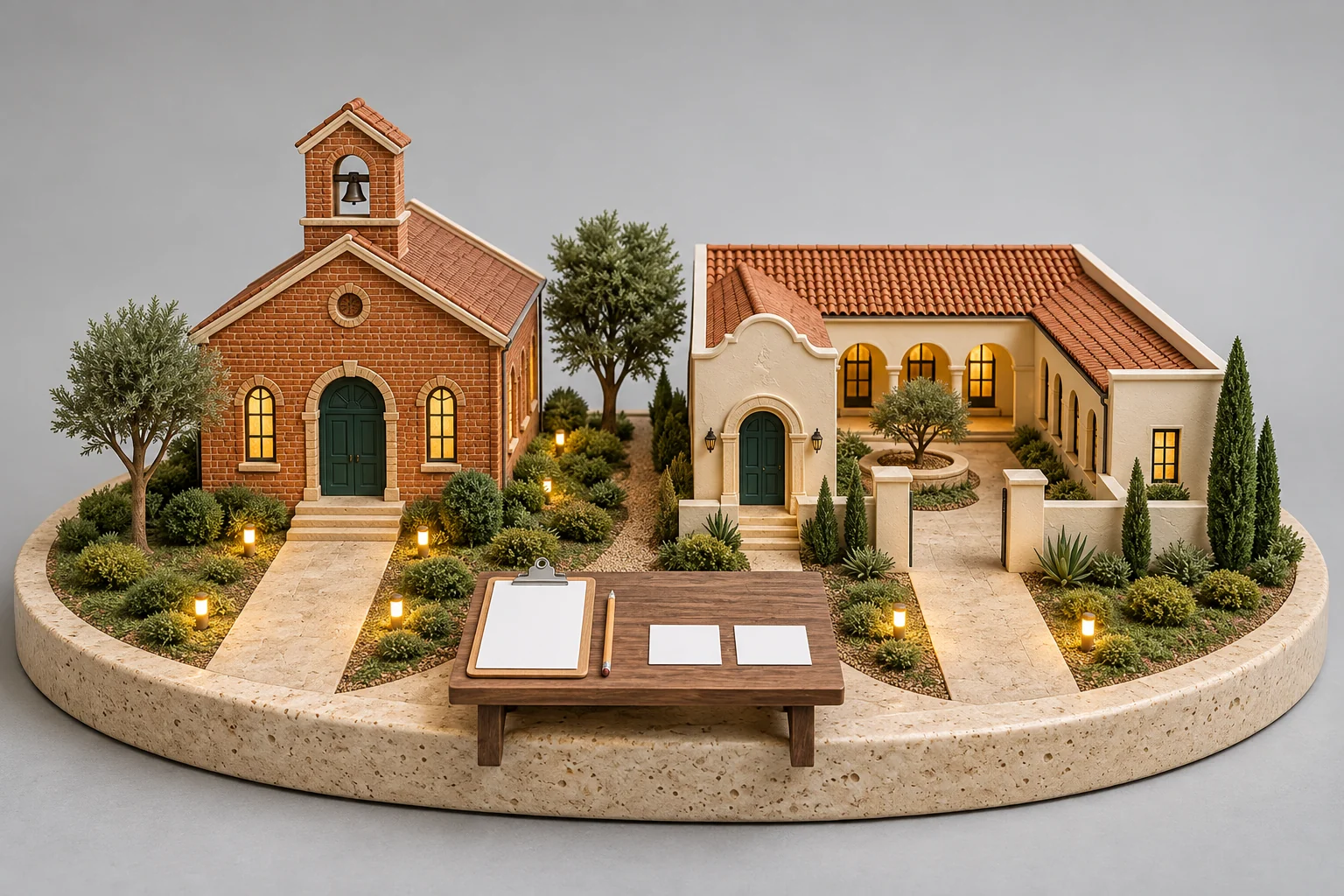 Model of two different small schools side by side with a table holding a blank clipboard between their paths