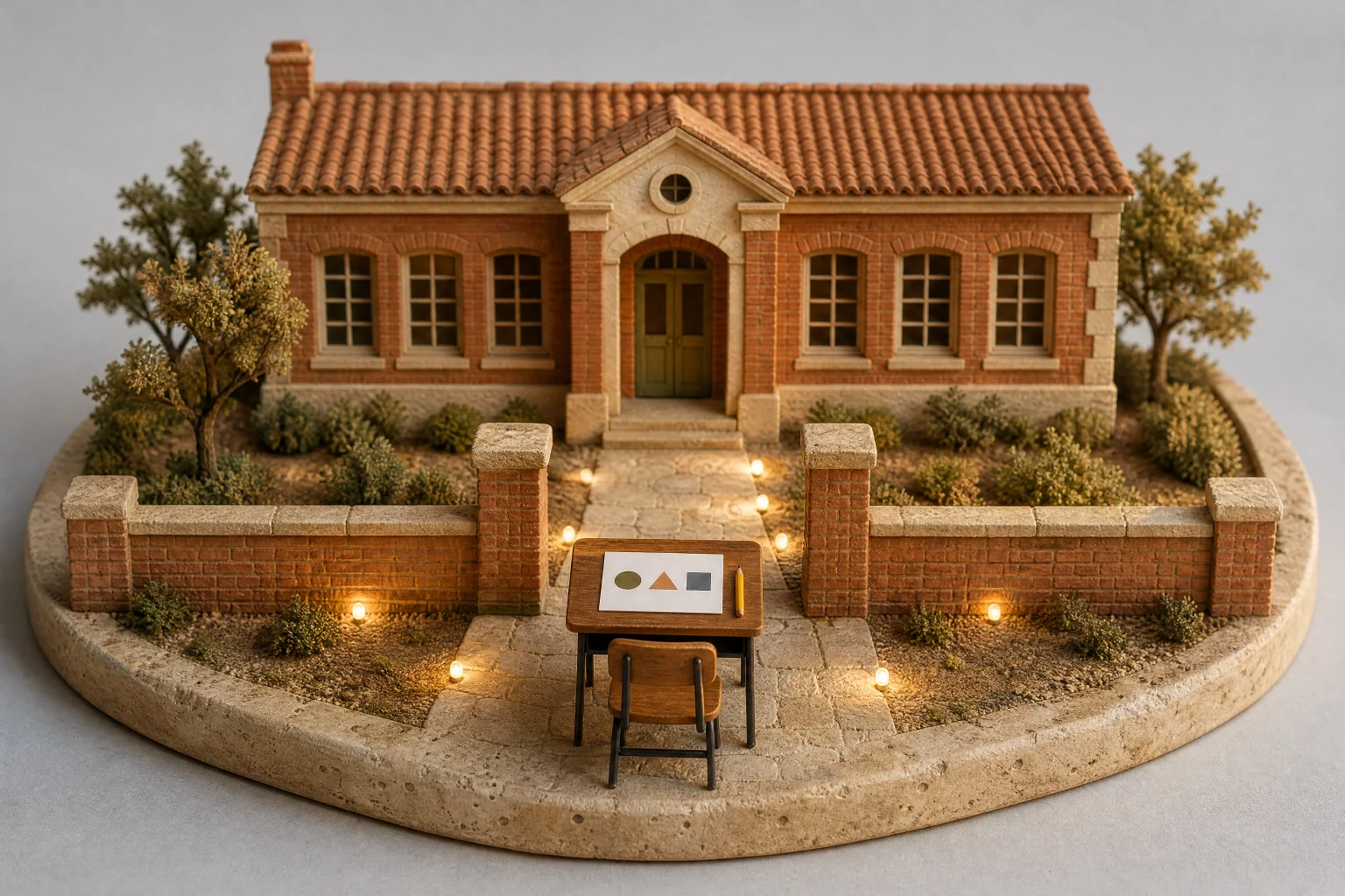 Model of a small school desk and chair on a lit path in front of a brick schoolhouse, a card of plain shapes and a pencil on the desk