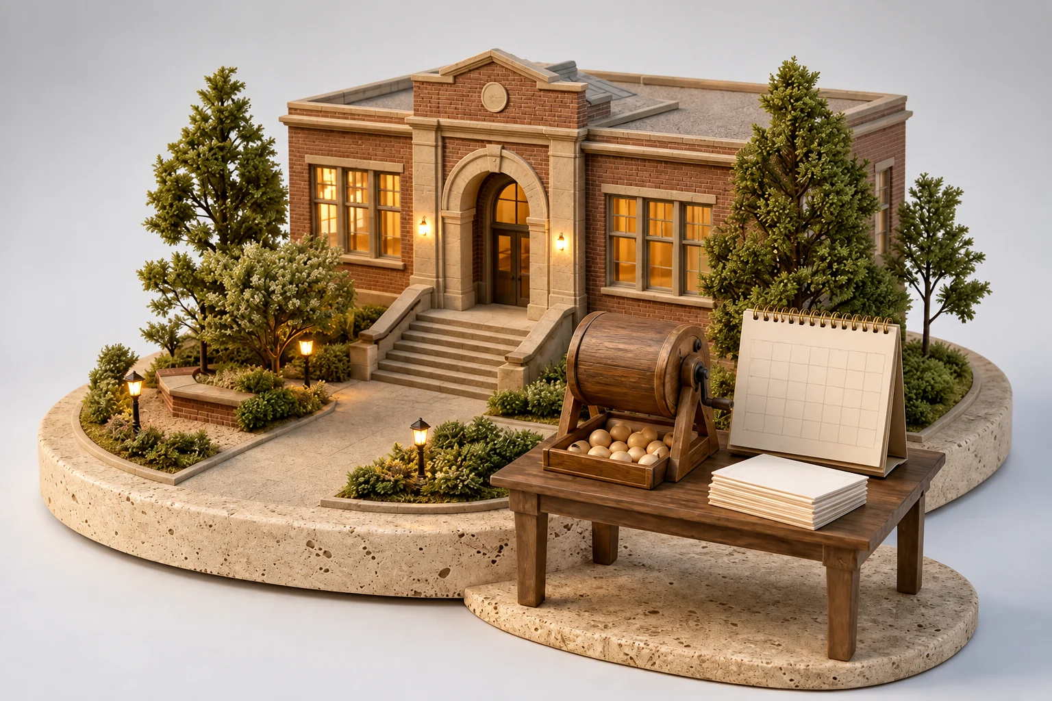 Model of a brick school beside a table with a lottery drum, a blank calendar and forms