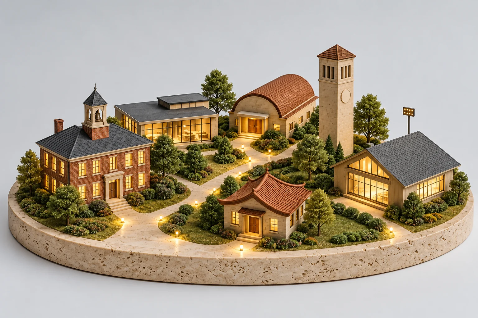 Model of six different small school buildings along one lit footpath