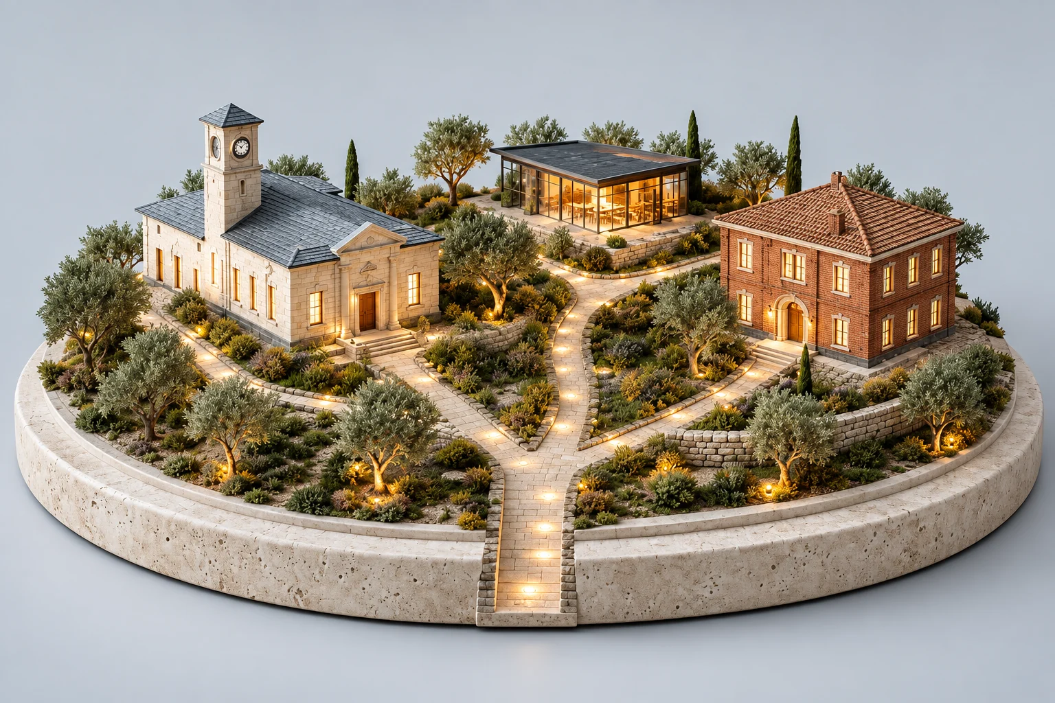 Model of three different school buildings connected by separate paths