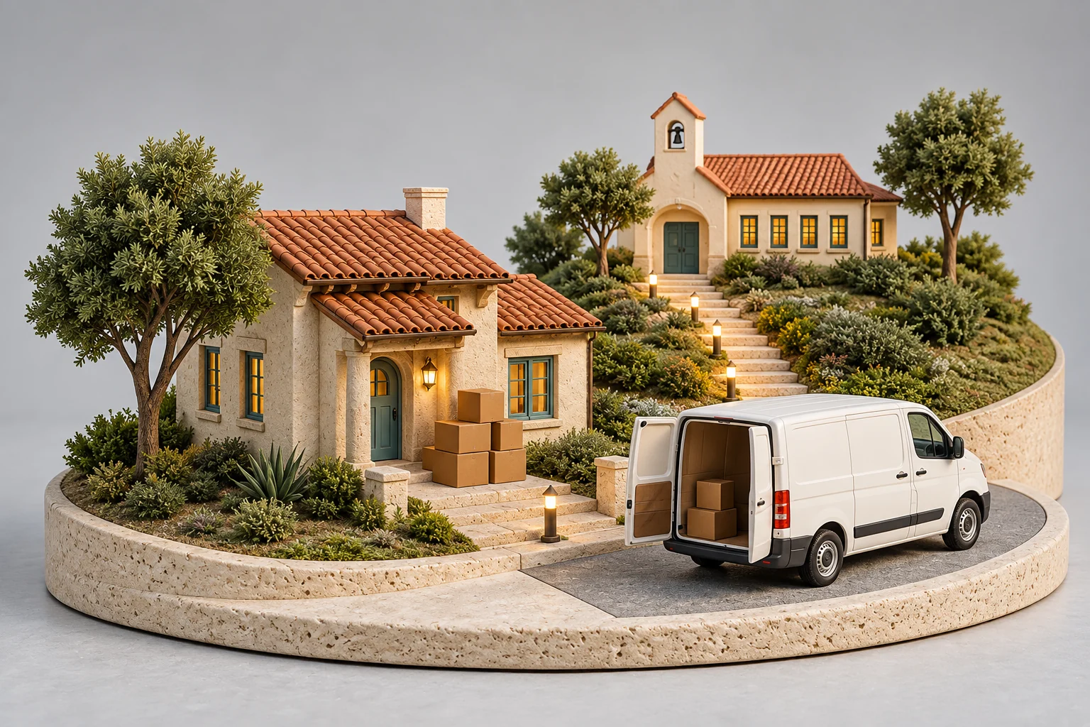 Model of a moving van between a new home and a school on a lit path