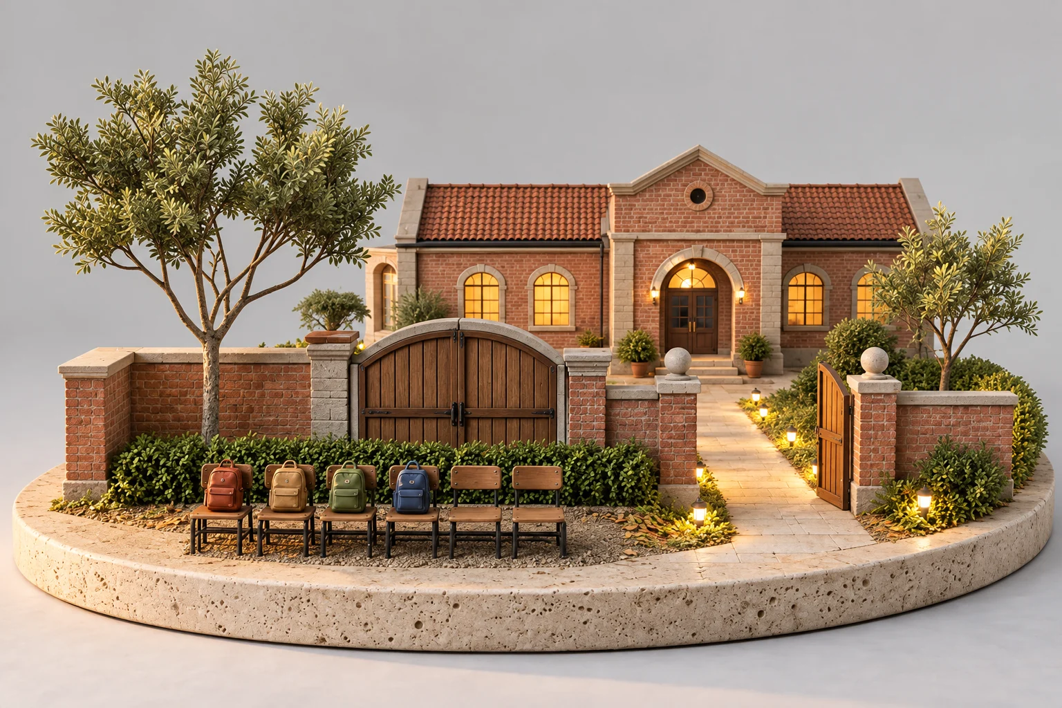 Model of a school with its side gate open and a bench of small chairs, two of them empty
