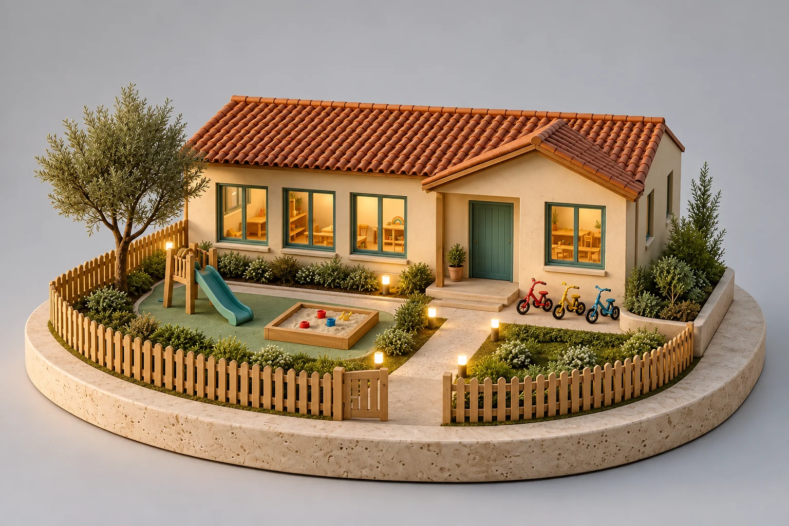 Model of a small school for young children with a picket fence, a slide, a sandbox and three tricycles
