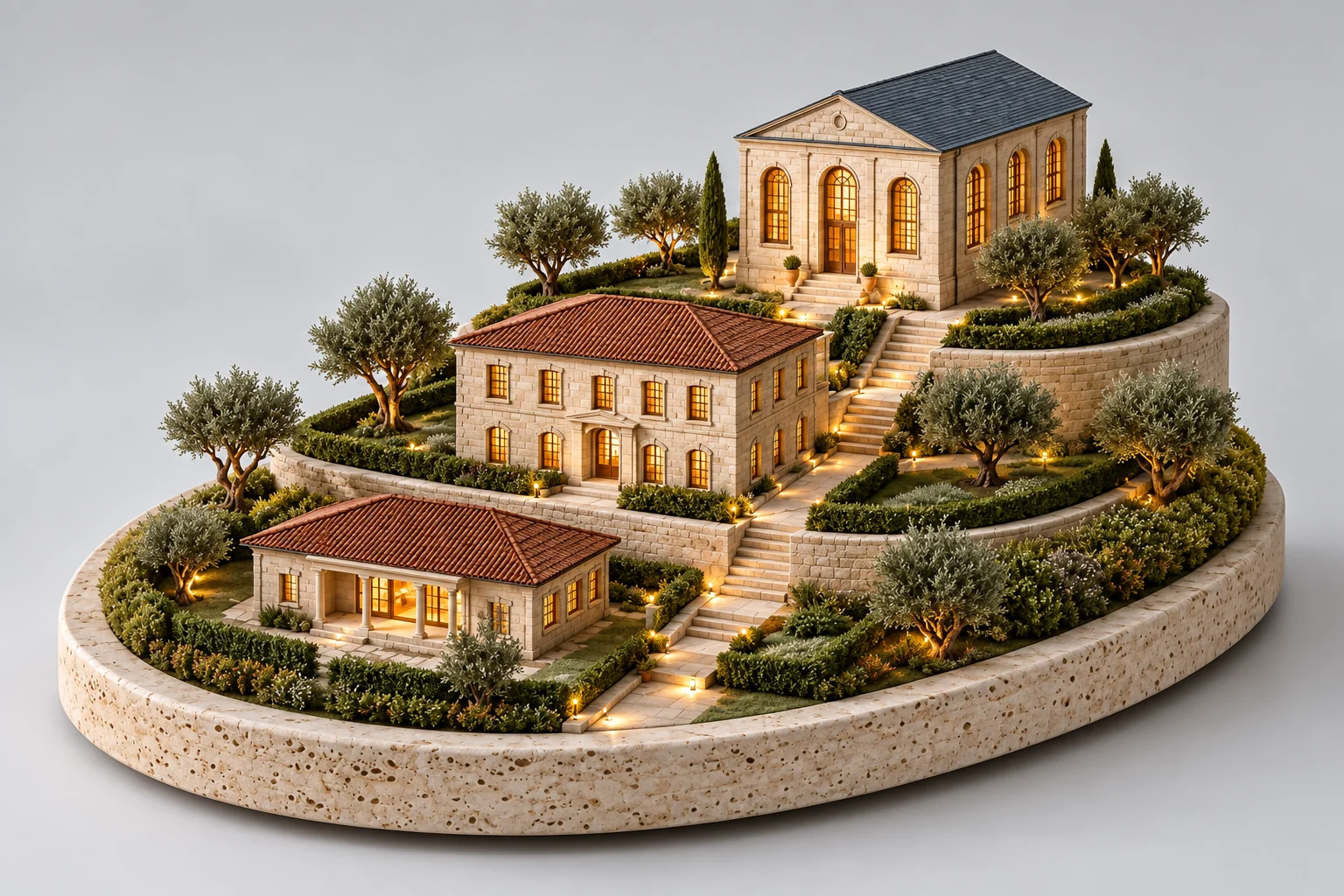 Model of three school buildings on ascending stone terraces