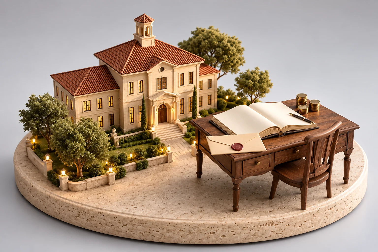 Model of a private school beside a desk with an open record book, a sealed envelope and coins