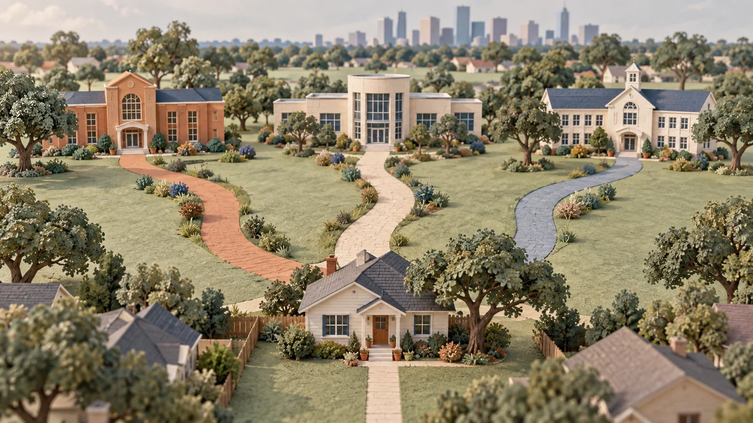 Three paths lead from one home to three school buildings in a miniature neighborhood.