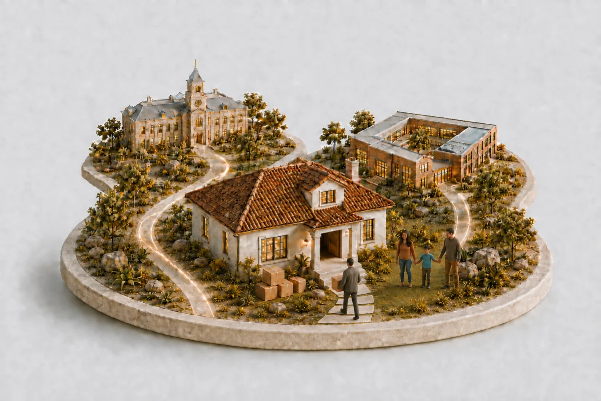 A miniature family holds hands beside their new home while a mover carries a box toward the porch.