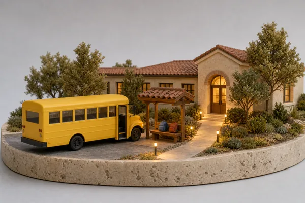 Model of a small yellow school bus with its door open at a covered stop, two backpacks on the bench and a lit path up to a school