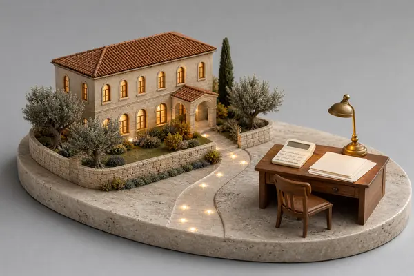 Model of a private school beside a desk with a calculator and papers