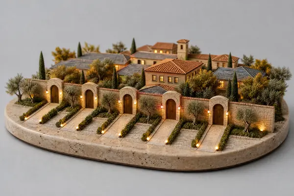 Model of a stone wall with five separate gates, one lit path to each