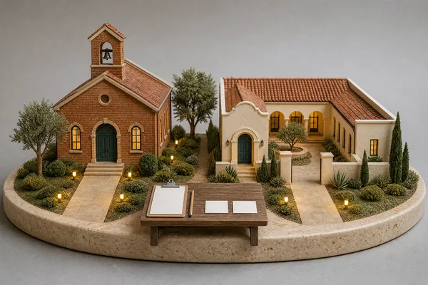 Model of two different small schools side by side with a table holding a blank clipboard between their paths