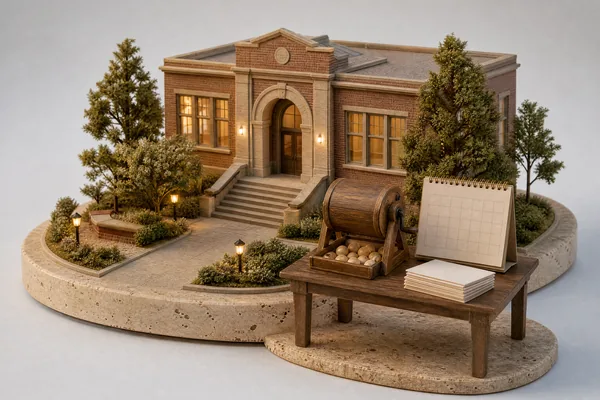 Model of a brick school beside a table with a lottery drum, a blank calendar and forms