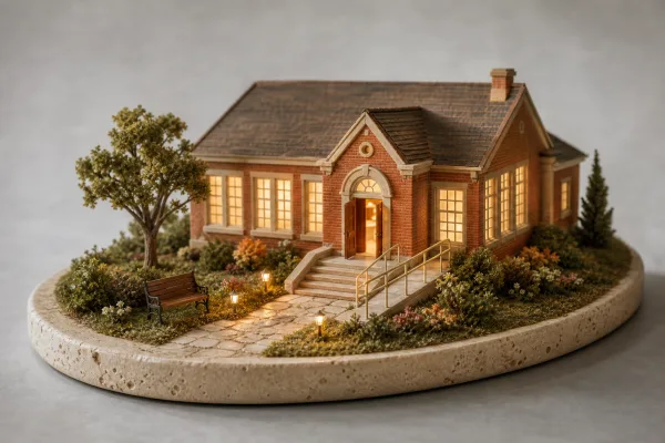 Model of a small brick school whose entrance has both steps and a ramp with a handrail, a bench beside the lit path