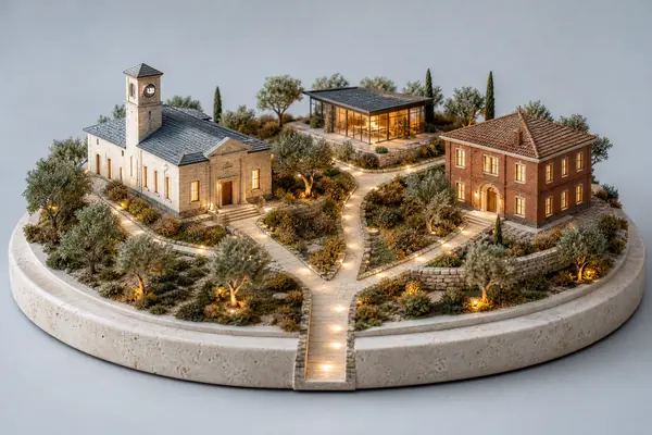 Model of one lit path forking to three different school buildings