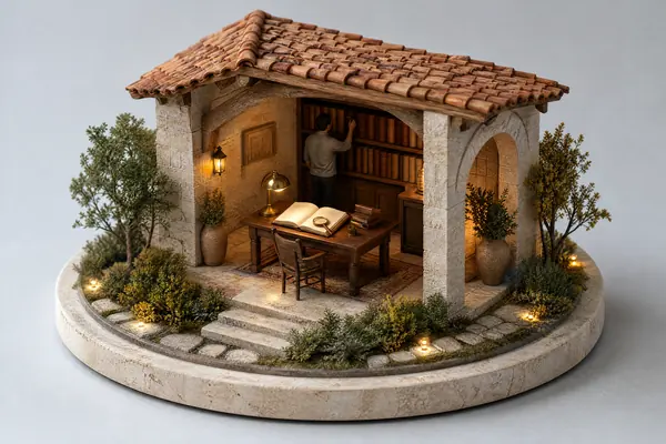 Model of a study with an open record book, a magnifying glass and shelves