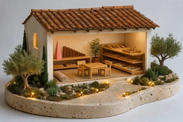 Model of a small schoolhouse open at the front on a child-size classroom with a tower of pink cubes, wooden puzzle maps, a rolled mat and two small chairs at a low table