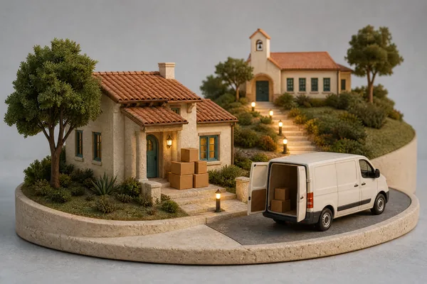 Model of a house with a small moving van at the curb, boxes on the porch and a lit path up to a school
