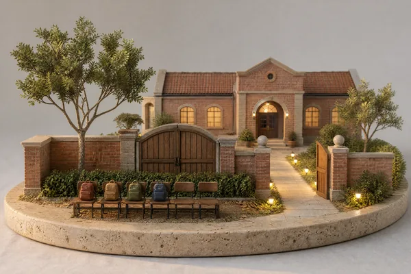 Model of a school with its side gate open and a bench of small chairs, two of them empty