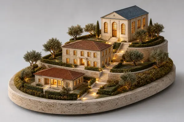 Model of three school buildings on ascending stone terraces