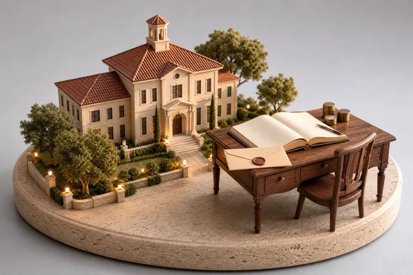 Model of a private school beside a desk with an open record book, a sealed envelope and coins